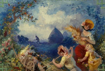 La Terre Allegorie som representerar unga kvinnor som håller vetestövlar mot en bakgrund av skörd. Kartong för gobeläng av Jules Cheret (1836-1932) 1900-talets Nice, Musee Cheret