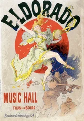 Affisch för Music Hall planerad varje kväll på Eldorado Theatre, boulevard de Strasbourg i Paris. Omkring 1900 (litografi)