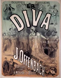 Affisch för operetten "Diva" satt till musik av Jacques Offenbach (1819-1880) på Parisian Bouffes