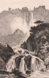 Vy över Marmores fall (Cascata delle Marmore) nära Terni, Umbrien, Italien, stålstick efter teckning av Jules Coignet (1798-1860), cirka 14x20 cm