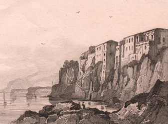 Vy över Sorrento med Torquato Tassos hus, Kampanien, Italien, stålstick av Sauvage efter teckning av Jules Coignet (1798-1860), ca 13x10 cm