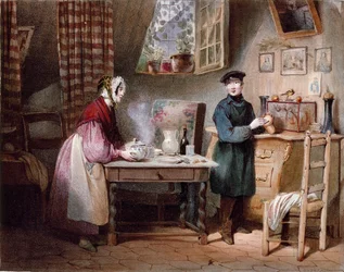 Ekonomi. Ungt par i ett hus: kvinnan lägger en klunk på bordet och mannen lägger ett mynt i en spargris. Färgstick av Jules David (1800-talet) Paris, Musee Carnavalet