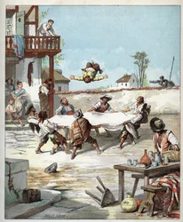I Värdshuset Sancho Panza är manhandlad, han kallar sin herres Don Quijote för att hjälpa honom - På hotellet gör des gaillards voltiger Sancho Panza med en filt, Sancho ringer för att hjälpa sin herre Don Quijote - Illustration av Jules David (1808-1892) 