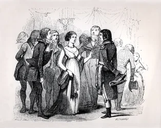 Madame de Stael (1766-1817) frågar Napoleon Bonaparte (1769-1821) om de bästa kvinnorna, ur "Napoleon" av Emile Marco de Saint-Hilaire, graverad av Bernard, Paris 1843.