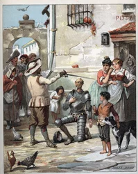 Utanför ett värdshus blir Don Quijote riddare - Illustration av Jules David (1808-1892) från Histoire de Don Quixote (Don Quijote) - 1887 - av Miguel de Cervantes Saavedra (1547-1616) -