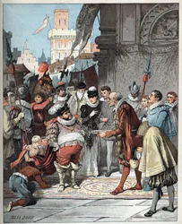 Sancho Panza utses till guvernör över ön Barataria - Sancho Panza görs till ständig guvernör över ön Barataria - Illustration av Jules David (1808-1892) ur Histoire de Don Quichotte (Don Quichotte) - 1887 - av Miguel de Cervantes Saavedra (1547-1616)