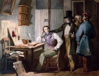 Studie. En flitig student på sitt kontor stannar på jobbet medan hans vänner går ut. Färgstick av Jules David (1800-talet). Paris, Musée Carnavalet