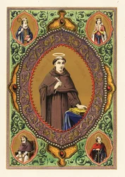 Porträtt av Saint Thomas Aquinas, med gloria, fjäderpenna och bibel, i en dekorativ kant av löv och förgylld