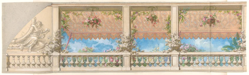 En utomhusbalustrad med en överhängande markis i morisk stil, 1830-97. Upphovsmän: Jules-Edmond-Charles Lachaise, Eugène-Pierre Gourdet.