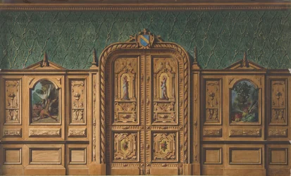 Design för ett rum med träpaneler infällda med målningar och en kraftigt snidad dubbeldörr, 1830-97. Skapare: Jules-Edmond-Charles Lachaise, Eugène-Pierre Gourdet.