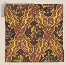 Design för tapeter med skenande lejon och kronor, 1830-97. Skapare: Jules-Edmond-Charles Lachaise, Eugène-Pierre Gourdet.