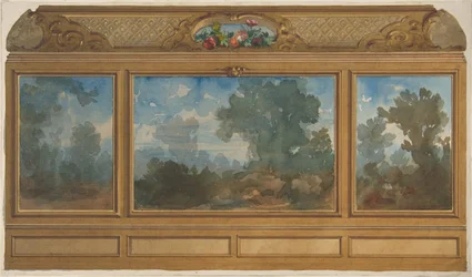 Förhöjning av en panelklädd interiör dekorerad med målade landskap och vikar med..., 1830-97. Skapare: Jules-Edmond-Charles Lachaise, Eugène-Pierre Gourdet.