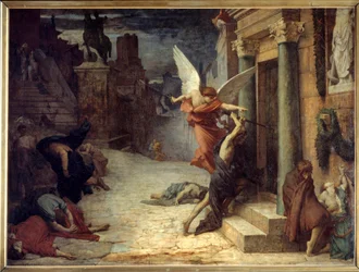 Pesten i Rom Allegorisk representation av blomman som bryter igenom dörrarna. Målning av Jules Elie Delaunay (1828-1891) 1869. Dim. 1,31 x 1,76 m Paris, musee d