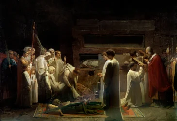 Martyrerna i katakomberna - kristen religiös sammankomst vid de första kristnas begravning i Rom. Målning av Jules Lenepveu (1819-1898), 1855. Sol. 1,7 x 3,36 m. Paris, Musée d