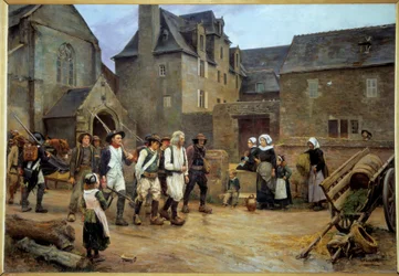 Franska revolutionen: "" Les revolts de Fouesnant"" Representation av Nedelec-fallet, kopplat till installationen av den nya rättsliga regimen, fredsdomaren Alain Nedelec vägrar att sitta utan ett patent undertecknat av kungens hand. Problemen tog slut
