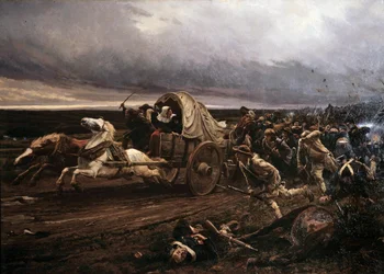 När Choletupproret avleddes beväpnat i Vendee i mars 1793, tillrättavisat i oktober av konventet och de republikanska arméerna, drog de "vita" sig tillbaka mot Loire. Målning av Jules Girardet (1856-1938)