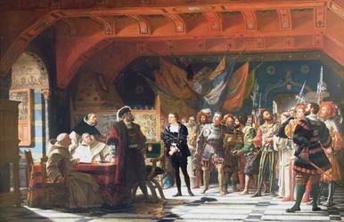 Francis de Bonnivard (1496-1570), fånge i Chillon, ställd inför hertigen av Savoyen 1530, 1870