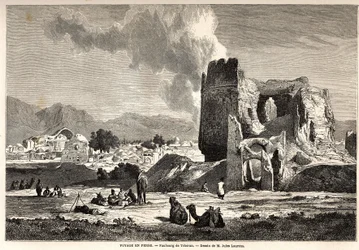 Teherans förorter (dagens Iran). Teckning av Jules Laurens (1825-1901), för att illustrera Arthur Gobineaus resa till Persien från 1855 till 1858. Gravyr i "" Le tour du monde, nouveau journal des voyages"" Paris