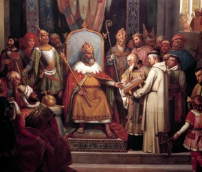 Karl den Store omgiven av sina överofficerare tog emot Alcuin, som introducerade manuskript, ett verk av sina munkar 781. Detalj av målningen av Jules Laure (1806-1861). 1837. Sön 0,67x1,07m Versailles, slott i Versailles et de Trianon - Charlemagne su