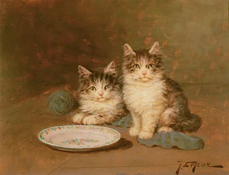 Två kattungar med en tom skål (olja på panel)