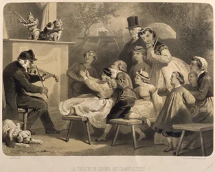 Teater Guignol, Champs-Elysees, graverad av Claude Regnier (fl.1840-66) Bettanier och Morion