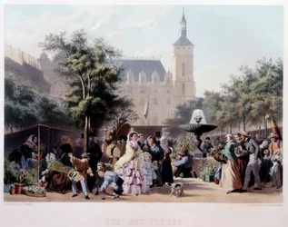 Utsikt över Quai aux Fleurs i Paris Vandringen på Ile de la Cite. Litografi av Jules Marie Desandre (1845-?) 1800-talets Paris, Musee Carnavalet