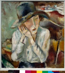 Porträtt av Hermine med den stora hattmålningen av Jules Pascin (1885-1930)
