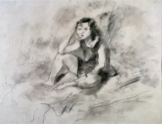 Sittande flicka (akvarell och bläck, ca 1910)