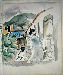 Kvinna och två barn (akvarell på papper)