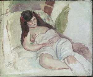 Kvinna liggande (med inskriptionen Vive Elvire). (olja på trä, 1900-talet)
