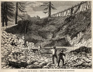 Ett gruvanspråk eller verkstad i Kalifornien, teckning av Jules Pelcoq, för att illustrera historien om Baron de Wogans resa till Kalifornien 1850-1852. Gravyr i "" Le tour du monde, nouveau journal des voyages"" Paris