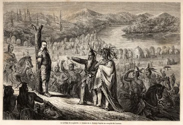 Krigsstången, baronen av Wogan tillfångatagen av indianerna från Timpabaches-stammen, ligger på stranden av San Juan, flodarm av Rio Grande, ritad av Jules Pelcoq, för att illustrera historien om baron de Wogans resa till Kalifornien 1850-185