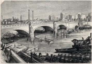 Förvandlingar av Paris under det andra kejsardömet, Haussmann Paris: arbeten utförda framför Alma-bron i Paris för passage av samlarkloaken längst ner på Seine. Teckning av Jules Pelcoq. Gravyr i "" The Illustrous Unive