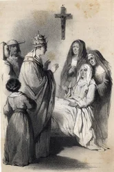 Representation av Saint Claire (Chiara) av Assisi (ca 1192-1253), grundare av Clares religiösa orden i "The illustrious Women of Europe". Av grevinnan Drohojowska, född Symon av Latreiche. Illustrerande teckningar av Jules David och Raunheim. omkring 1850