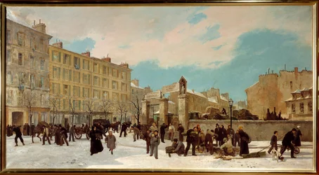 Byggarbetsplats i trä för att bränna boulevard du Montparnasse i januari 1871 - Gatubild i Paris - Målning av Jules Didier (1831-1892) och Jacques Guiaud (1811-1876)