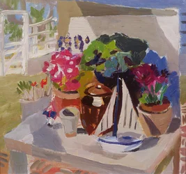 Blommor, krukor och yachter i loggian (olja ombord)