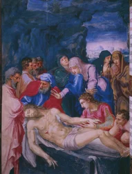 Gravsättning, från en faksimil av breviariet av kung Filip II av Spanien, 1569 (pergament)