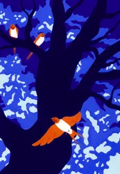 Orange fåglar, blått träd