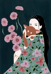 Kvinna som håller en shiba inu