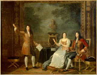 Jean Racine (1639-1699) läser "" Athalie"" före Ludvig XIV (1638-1715) och Francoise d