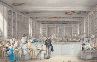 Pierre-Joseph Redoutés skola för botanisk teckning i Salle Buffon i Jardin des Plantes, 1830 (wc och grafit på papper)