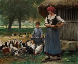 Farm Girl matar kycklingar (olja på duk)