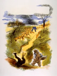 Humoristisk vinillustration 1946. Illustration av Julien Pavil