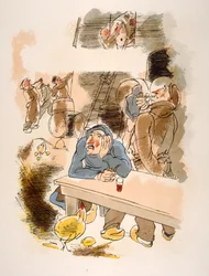 Humoristisk vinillustration 1946. Illustration av Julien Pavil