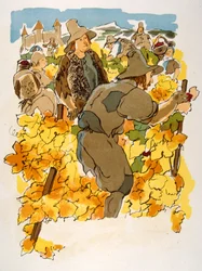 Humoristisk vinillustration 1946. Illustration av Julien Pavil