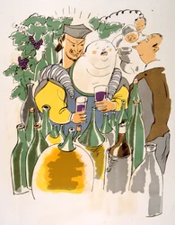 Humoristisk vinillustration 1946. Illustration av Julien Pavil