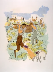 Humoristisk vinillustration 1946. Illustration av Julien Pavil