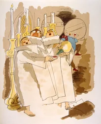 Humoristisk vinillustration 1946. Illustration av Julien Pavil