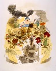 Humoristisk vinillustration 1946. Illustration av Julien Pavil