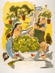 Humoristisk vinillustration 1946. Illustration av Julien Pavil